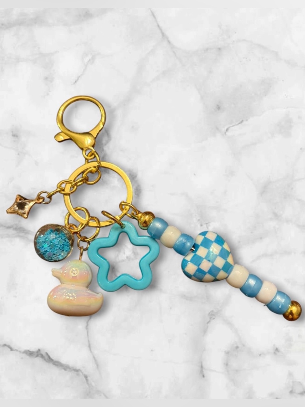 Blue Checkered Heart & Star Charm Keyring - Unbranded